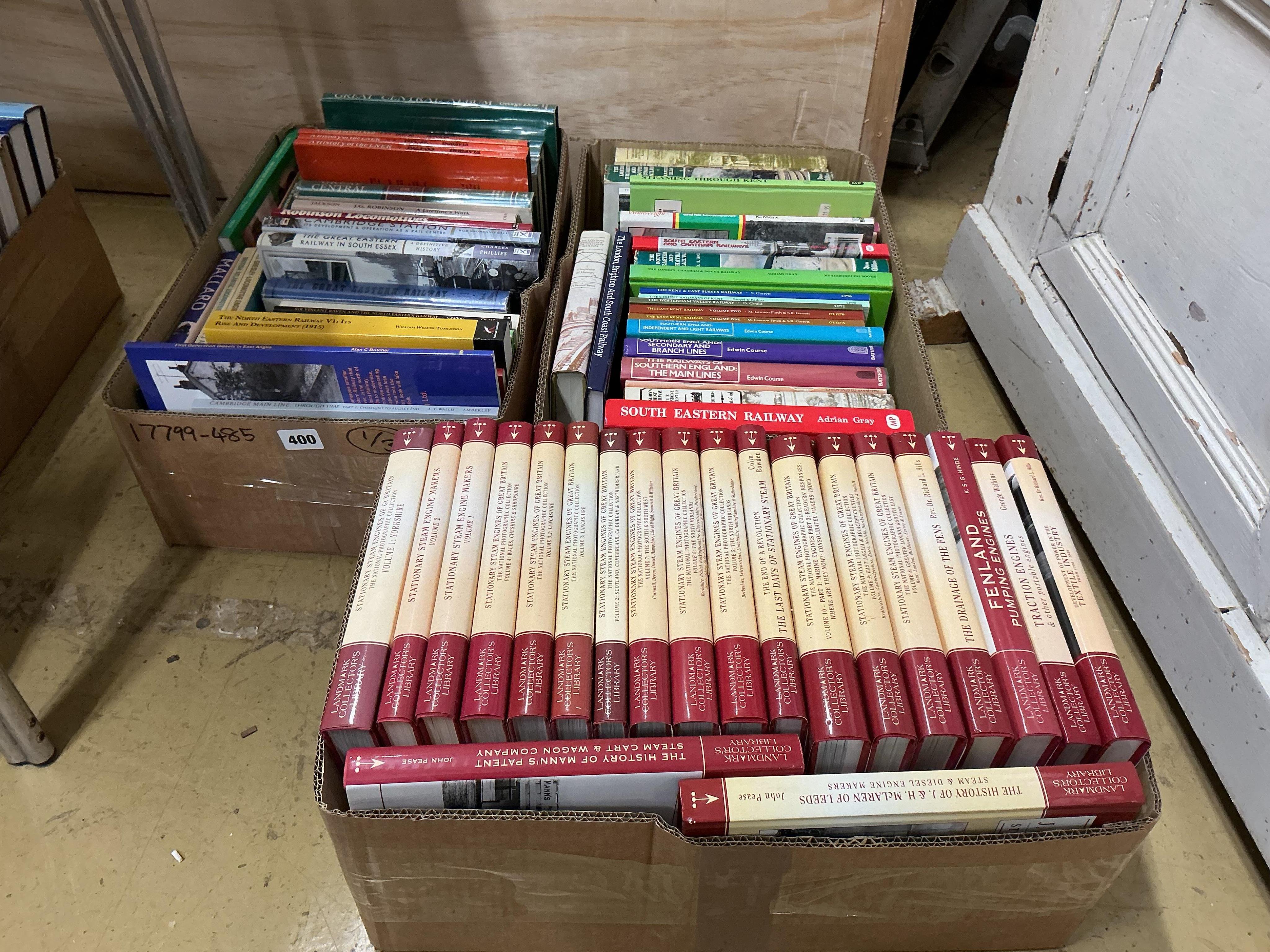Three boxes of railway related books, subjects include; Stationary Steam Engines, Traction Engines, South Eastern Railway, the East Kent Railway, SECR, the Great Eastern Railway, the Great Central Railway, LBSCR, etc., p